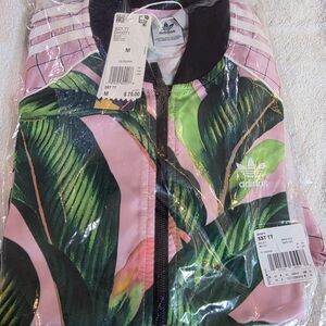 Adidas Women's Pink and Green Leaf Bomber Jacket
